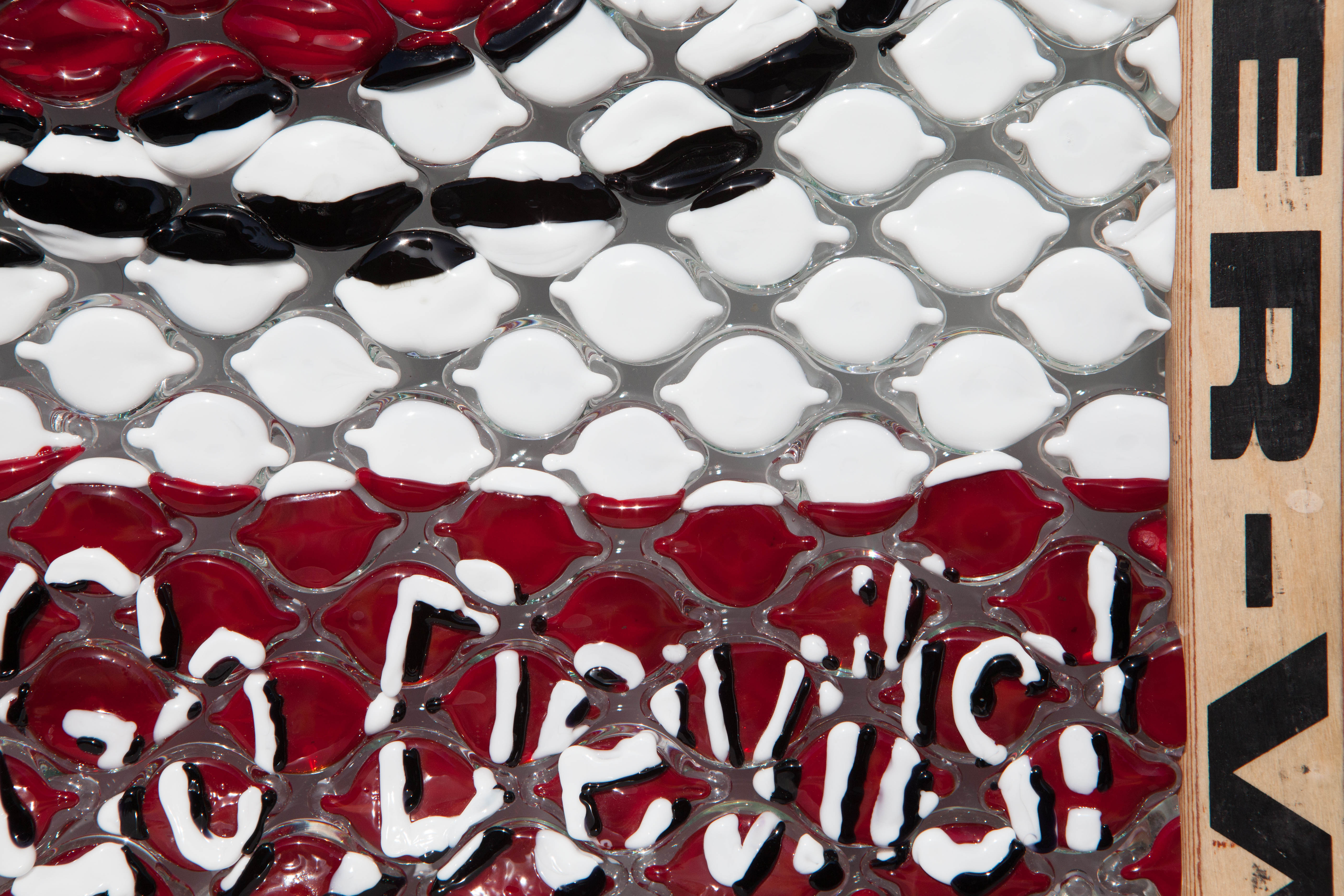 ‘Devils Eyes’  (Detail 2). Glass on Glass, 17″ x 14″, 2013.